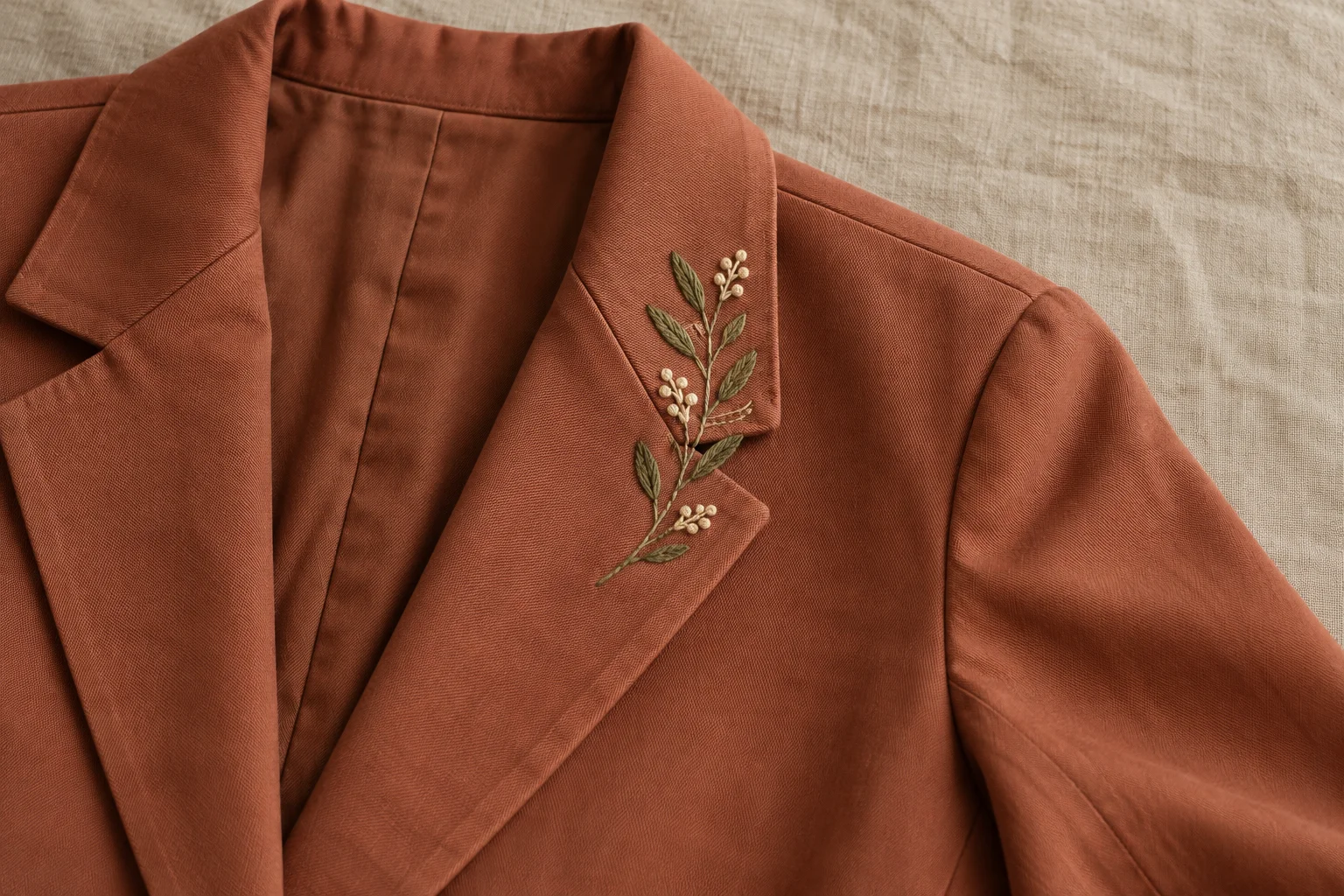Veste terre cuite ornée d'une fine branche brodée ivoire et olive sur le revers